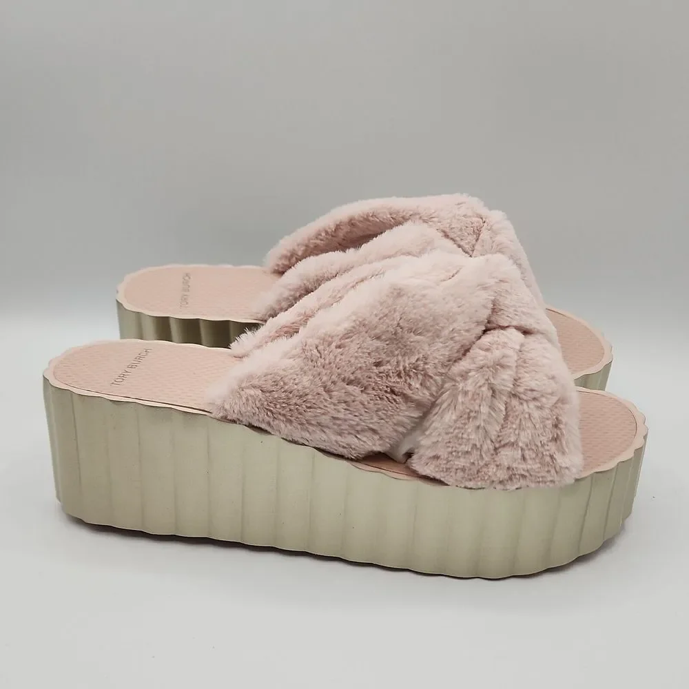 Tory Burch Faux Fur Scallop Wedge Slide Sandal‎ Sea Shell Pink Size 10 $168